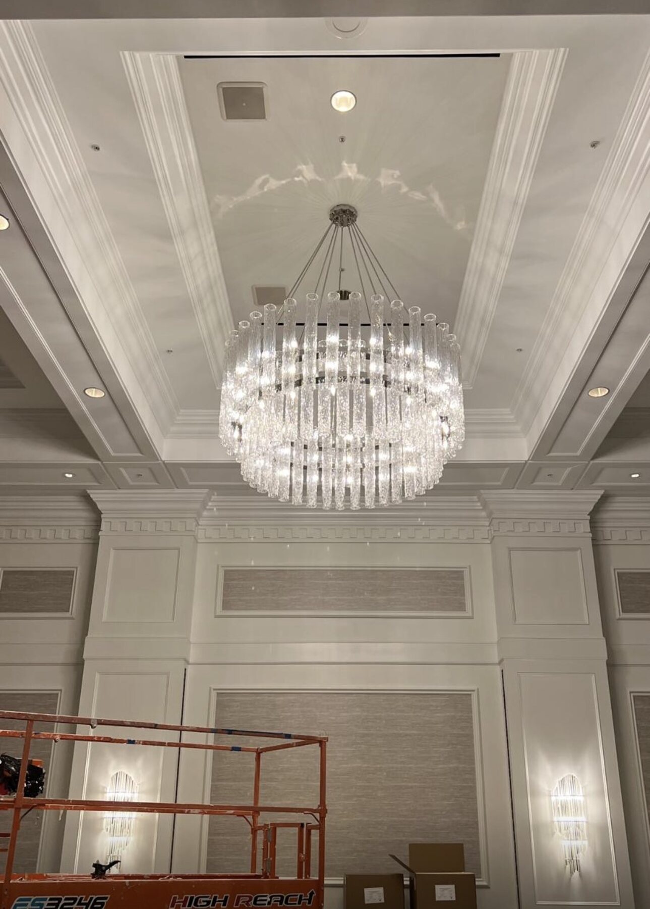 Renovated hotel ballroom with chandelier